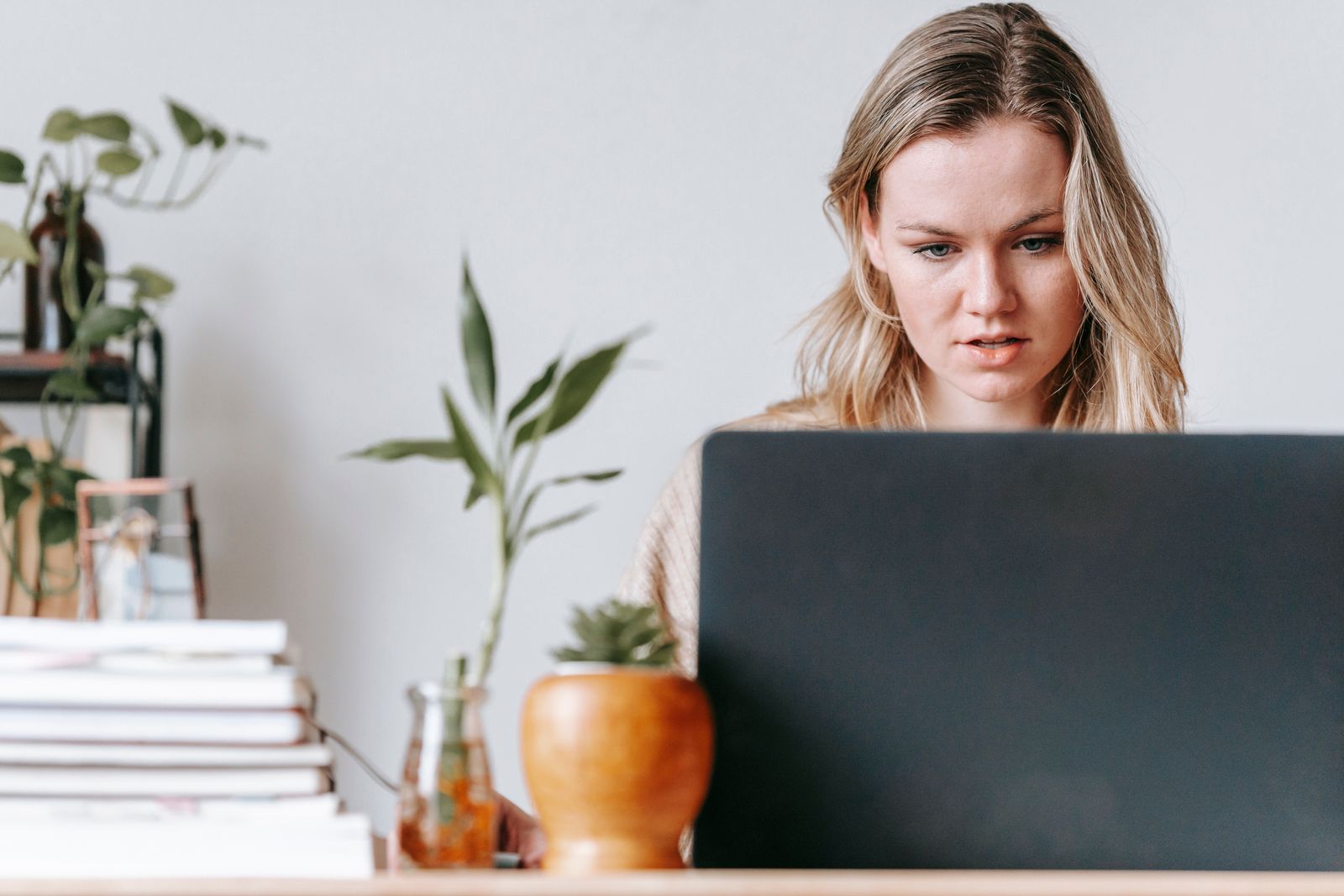 Concentrated young female distance worker surfing internet on portable computer at desk in house on light background